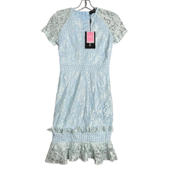 New Pretty Little Thing Dusty Blue Frill Hem Lace Bodycon‎ Dress Womens 2 - Picture 1 of 12